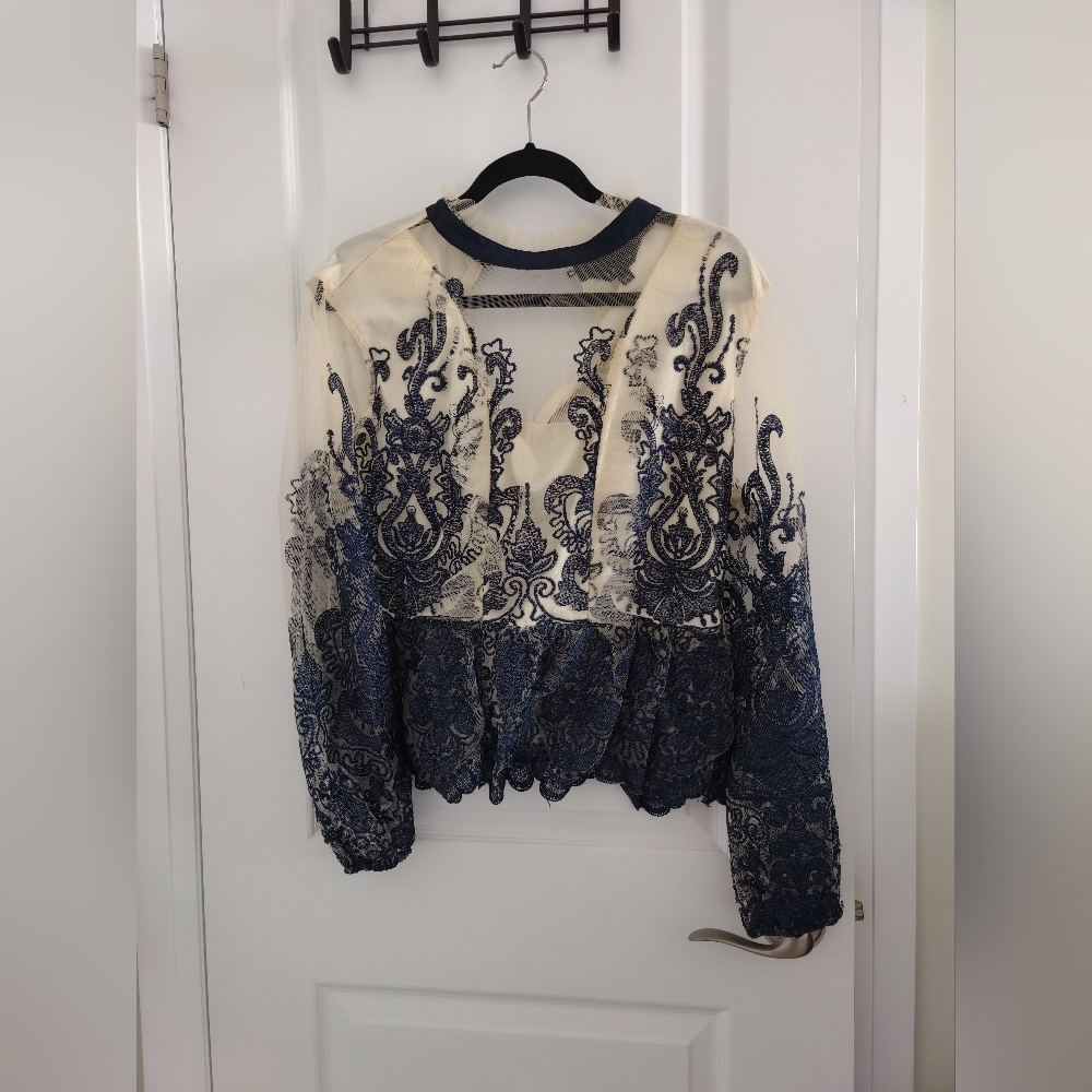Fabric, floral blouse, blue vine design